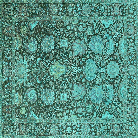 Ahgly Company Machine Washable Indoor Square Oriental Turquoise Blue Industrial Area Rugs, 4' Square