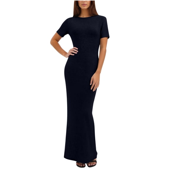 Cmfcve Summer Cap Sleeve Crew Neck Long Dress for Women Elegant Casual Slim Fit Maxi Dress Solid Color Cocktail Dress