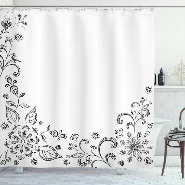 Black And White Shower Curtain, Scrolling Botanical Garden Print Shower Curtain