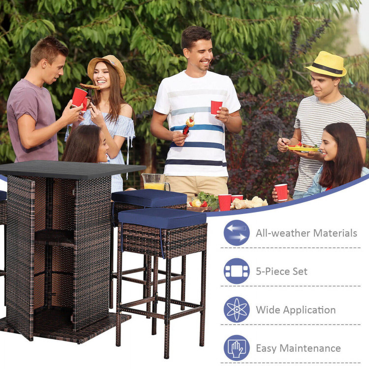 Aimee Lii 5 Pieces Patio Rattan Bar Table Stool Set Hidden Storage Shelf Cushioned, Outdoor Patio Furniture, Navy