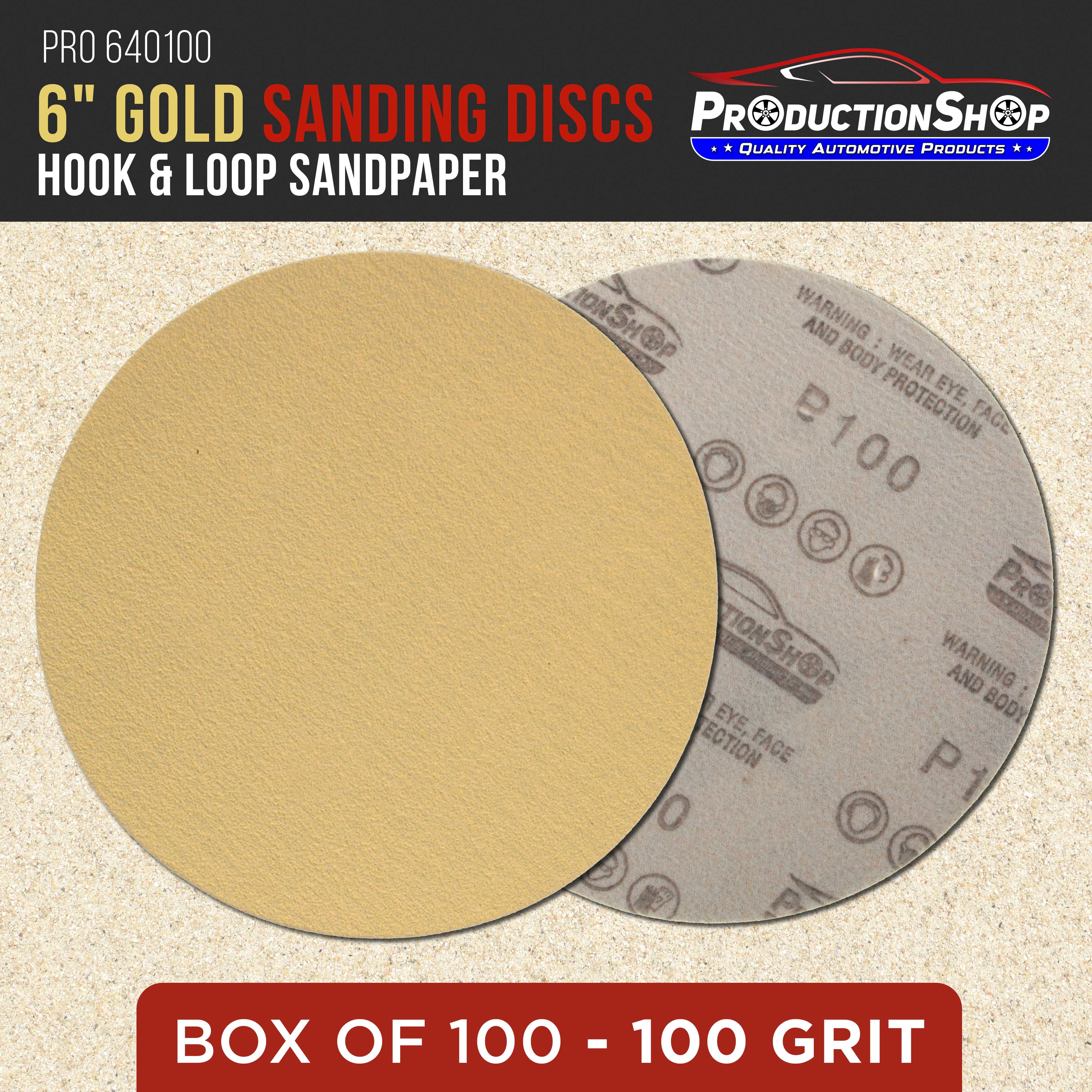 ProductionShop Premium 100 Grit 6" Gold Sanding Discs, Box of 100 - Hook & Loop Backing Abrasive Sandpaper for DA & Random Orbital Sanders - Sand Automotive Paint, Metal, Wood, Woodworking Furniture