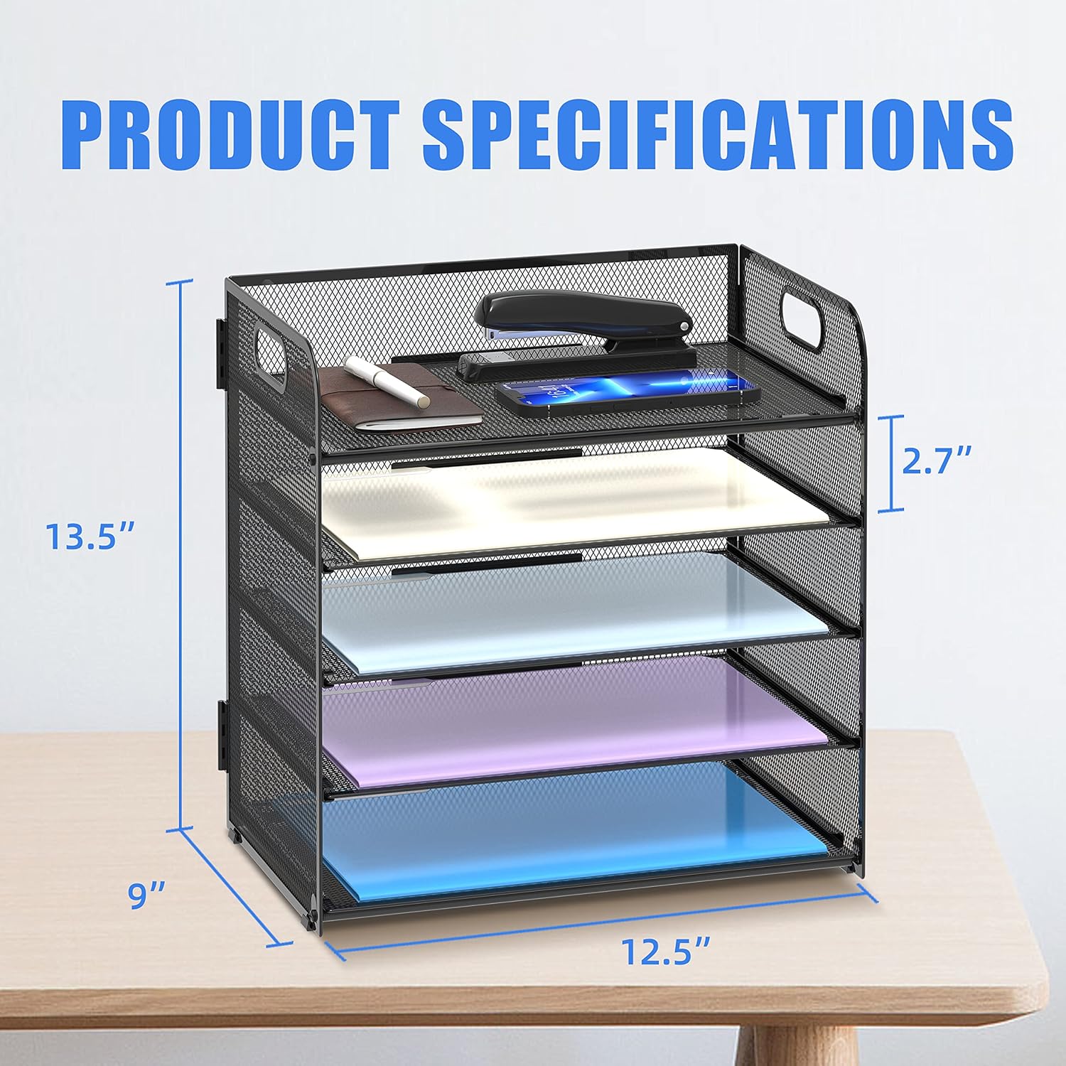 INTIGE 5-Tier Desk Organizer with Handle Mesh Desk File/Paper Organizer Letter Tray for Office
