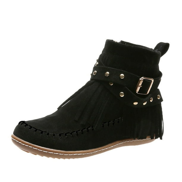 NECHOLOGY Botas Mujer Adulto Femenino Zapatos Botines mujer Zapatos Short Booties Round Zipper Dee Women Flat Color Solid Retro Tassel Botas de mujeres (Black, 7)