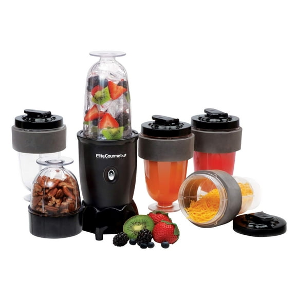 Elite Gourmet EPB-1800A# Licuadora mezcladora de bebidas personal de 17 piezas, licuadora deportiva de 16 onzas de capacidad, incluye cuchilla para picar y mezclar, tapas para bebidas y tazas adiciona