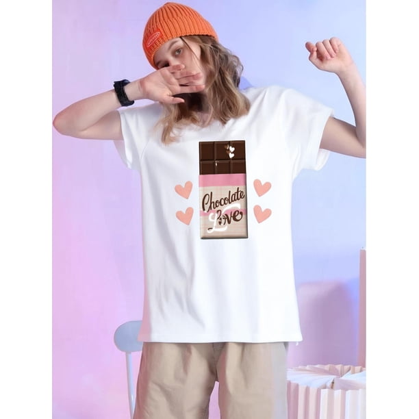 Women's Casual Crew Neck T-Shirt, Short Sleeve, Geometric Chocolate Love Pattern, All Season SportsCamisetas para mujer, lindas camisetas con estampado gráfico, de manga corta, estilo casual, para ve