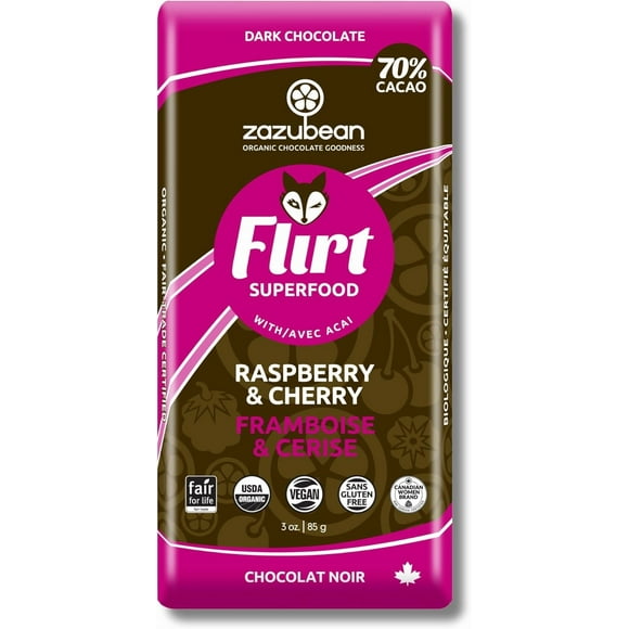 Zazubean Organic Chocolates Flirt Raspberry & Cherry Dark Chocolate Bars with Acai (12 x 85g)