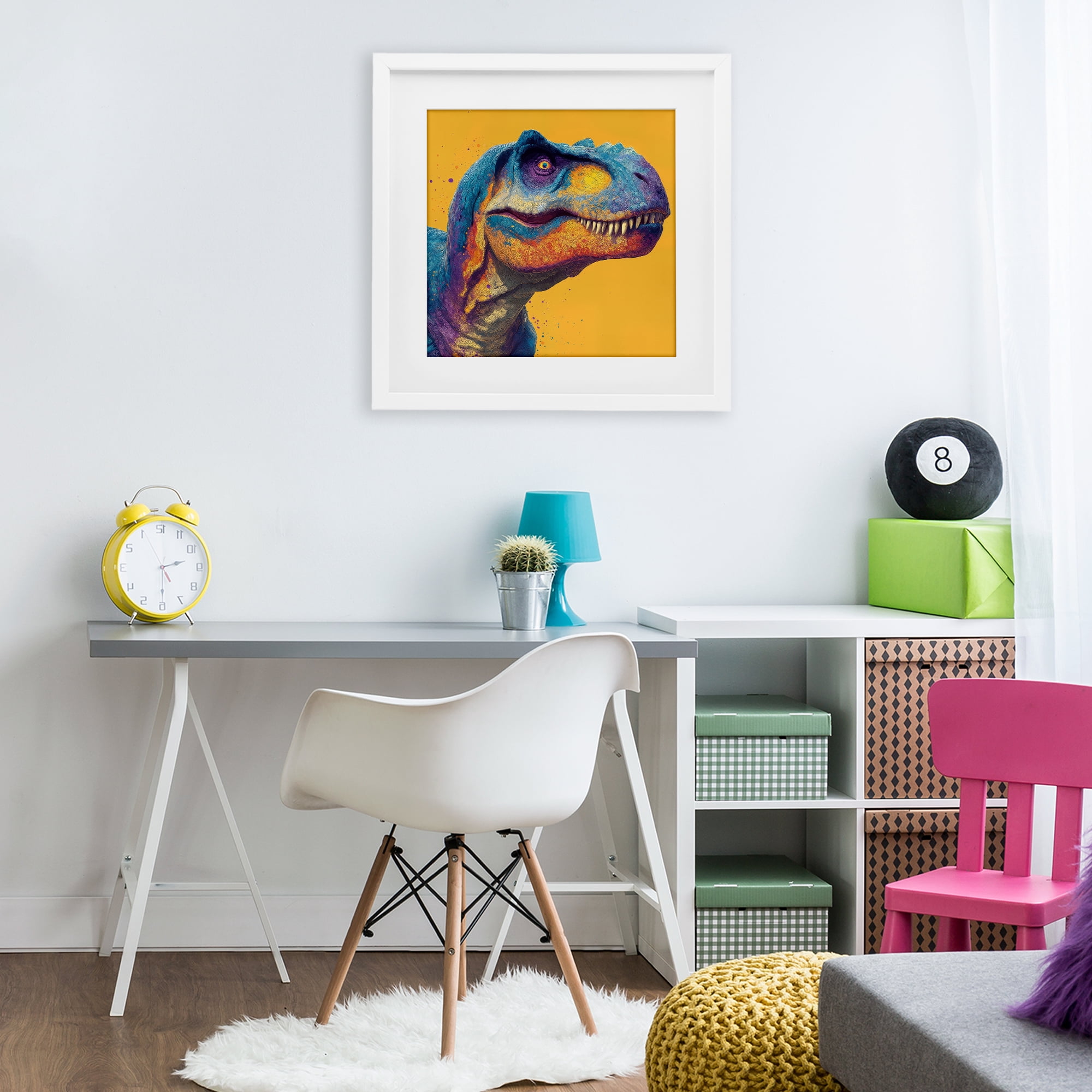 Stupell Industries Vibrant T-Rex Portrait White Framed Print Under Glass, design by Wumples