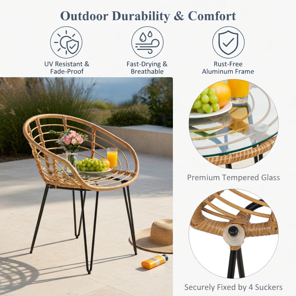 Hommoo 3-Piece Outdoor Rattan Patio Furniture Set, 2 Cushioned Chairs + Tempered Glass Coffee Table, Navy