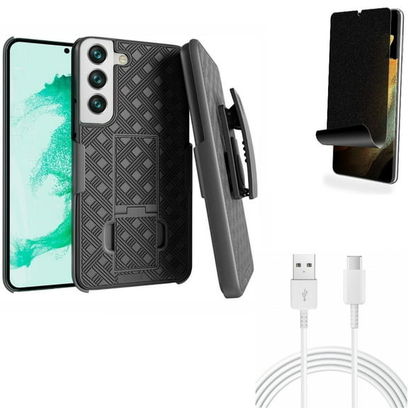 Case Belt Clip & 10ft USB-C Cable & Privacy Screen Protector for Samsung Galaxy S22 Plus (S22 ) - Combo Holster Swivel Cover & Type-C Charger Cord Power & TPU Film (Fingerprint Works) Anti-Peep