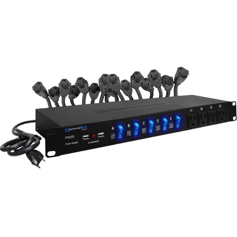 Technical Pro PS20S 20 Outlet 4 USB Port Rackmount Power Supply and Surge Protector