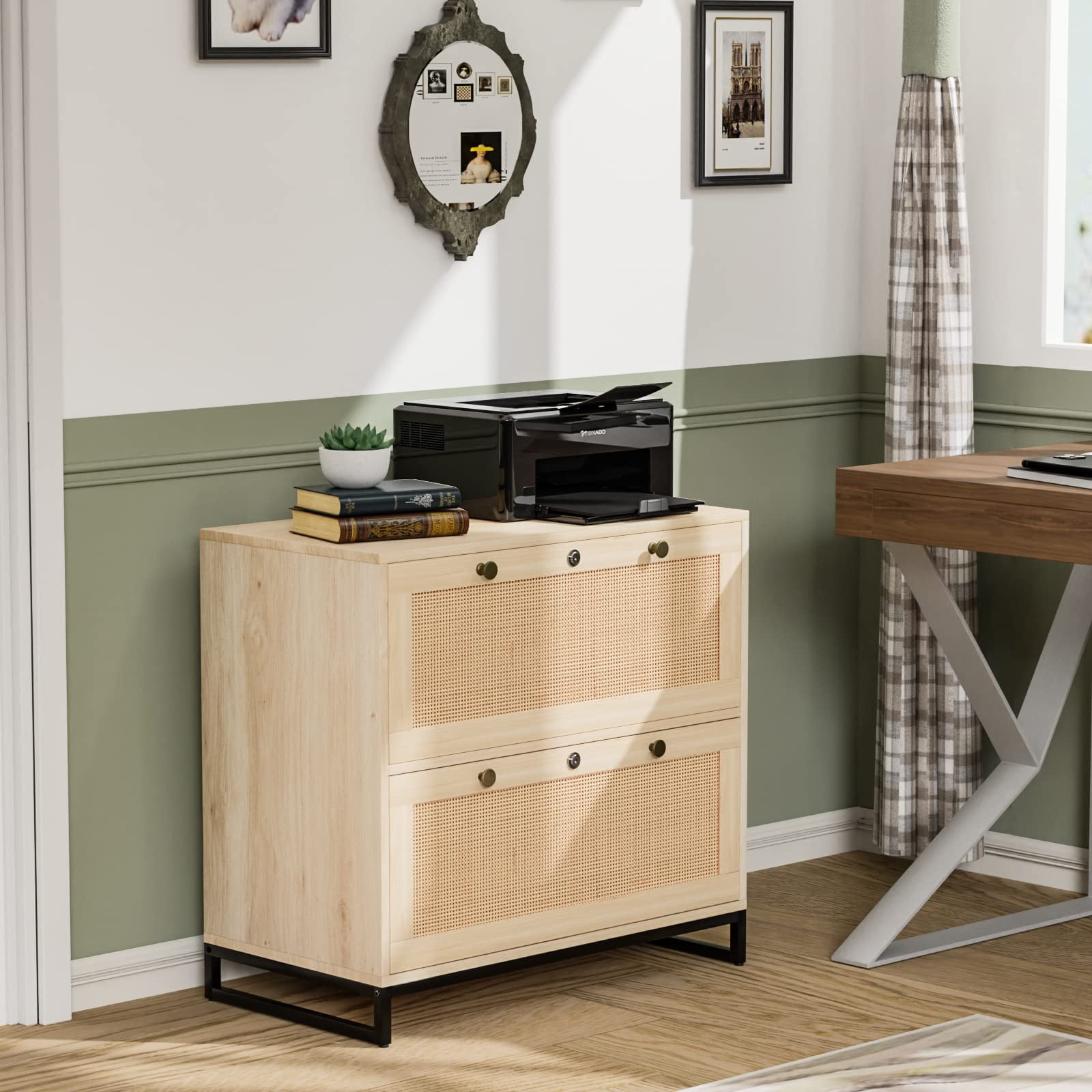 Ktaxon Wood Rattan 2-Drawer Lateral File Cabinet with Lock for Home Office, Lockable Filing Cabinet with Rustic Metal Handles, Oak
