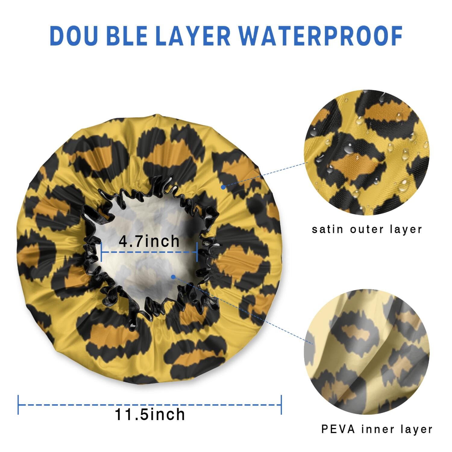 Shower Caps,Yellow and Black Of Leopard Print Waterproof Shower Cap for Women 4 Pieces,Double Reusable Hair Cover for Shower PEVA Elastic Stretch Hem