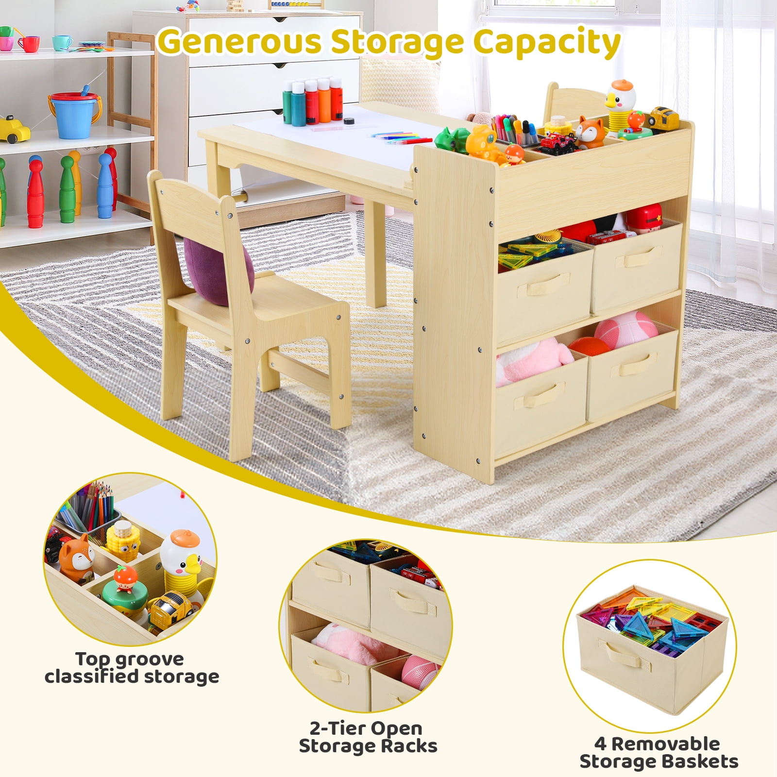 Arlopu Kids Art Table and 2 Chairs Set with Paper Roll, Toddler Craft Drawing Table, Children Play Activity Table with Storage Space