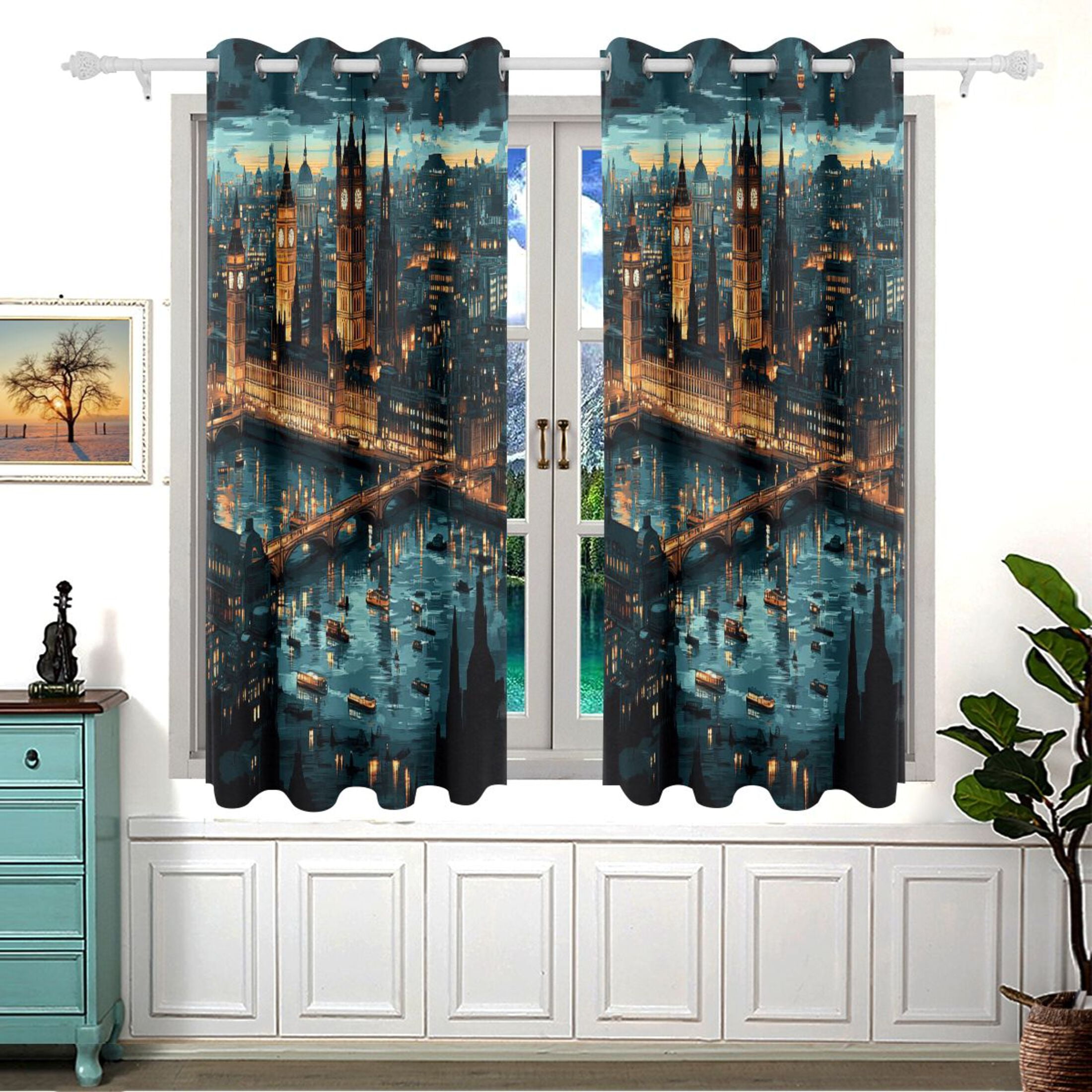 City Night View Blackout Curtains for Living Room Bedroom 55W x 54L Insulated Window Drapes 2 Panels