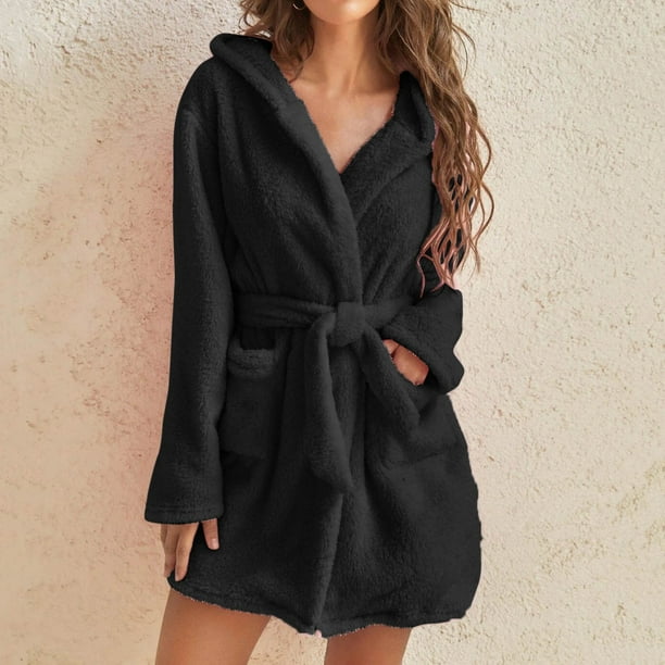 zanvin Fleece Robe for Women Mid Length Belted Bathrobe Hooded Fleece Plush  Bath Robe Winter Spa Robes with Pockets,Black