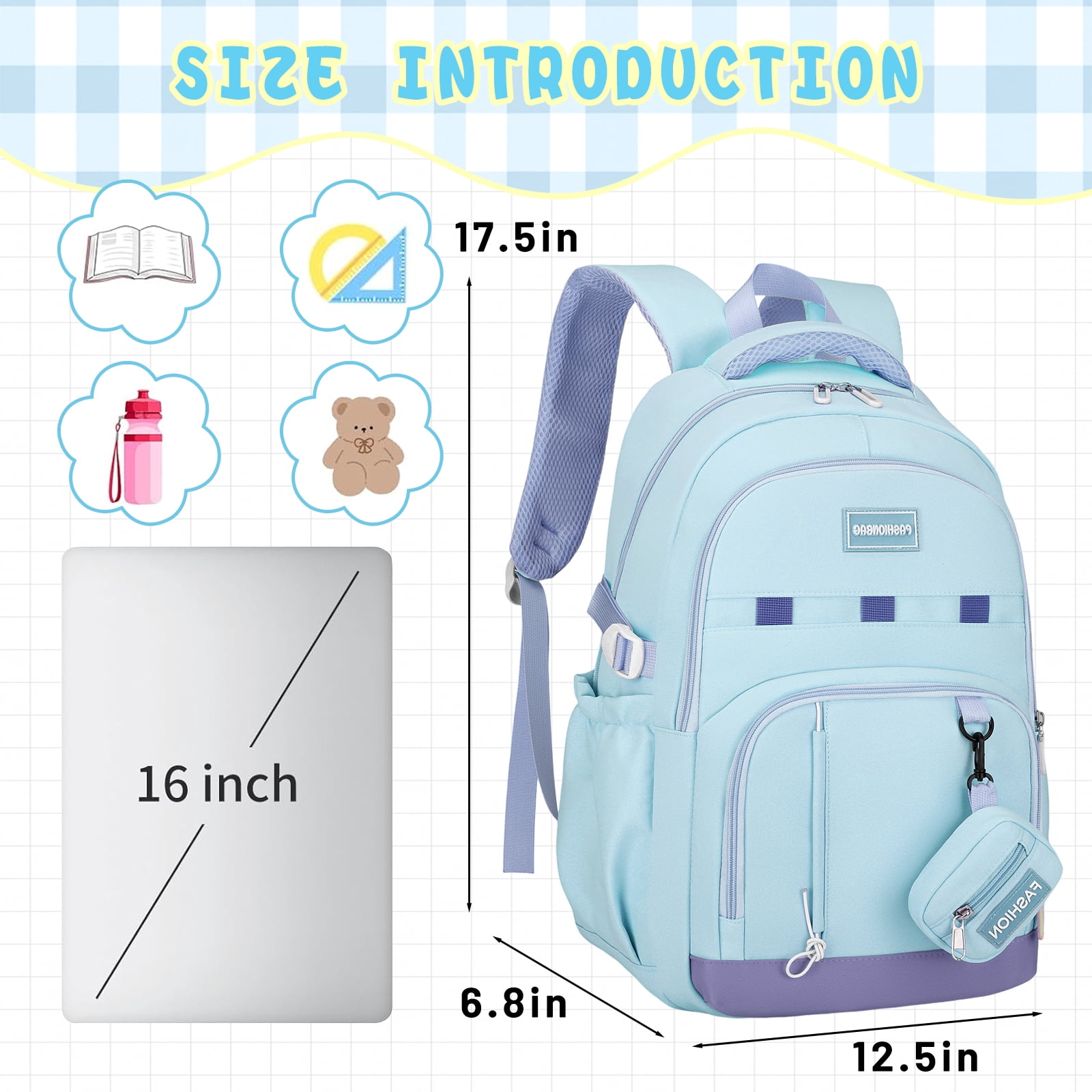 DAKIMOE School Backpack for College High Middle School Fashion Student Bag Cute Aesthetic Teen Bookbag for Teens Women Kids Girls Blue