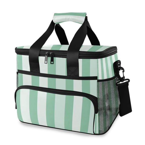 Mint Green Broad Stripes Portable Cooler Lunch Box Reusable Insulated Lunch Bag Leakproof 15L