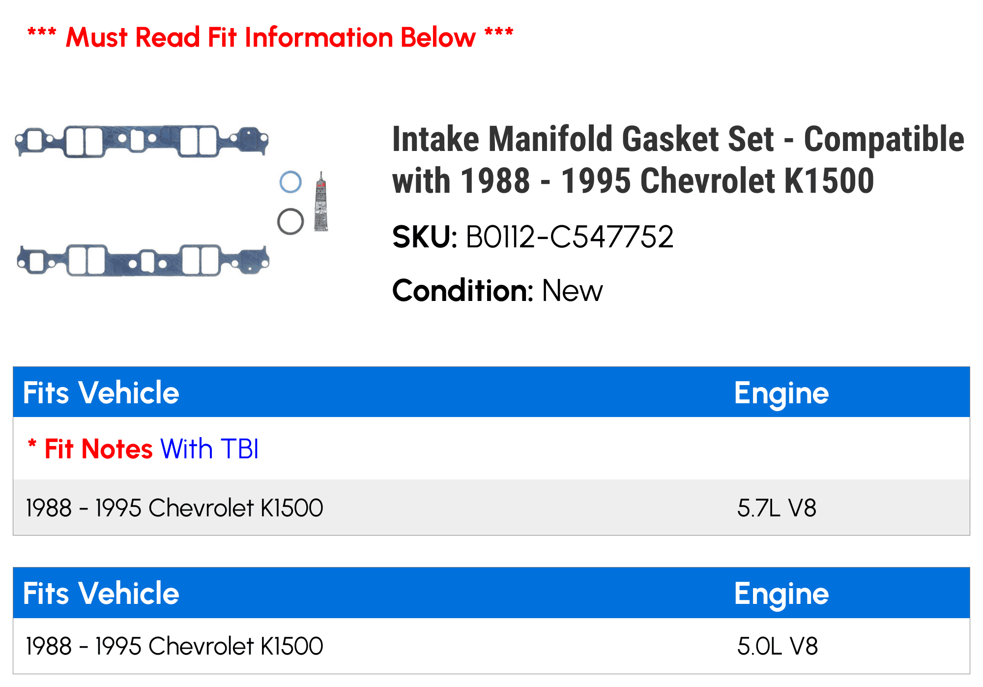 Intake Manifold Gasket Set - Compatible with 1988 - 1995 Chevy K1500 1989 1990 1991 1992 1993 1994