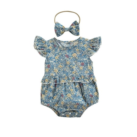 

Canrulo Newborn Baby Girls Summer Short Sleeve Romper Floral Bodysuit Ruffle Jumpsuit Outfit with Headband Clothes Blue 9-12 Months