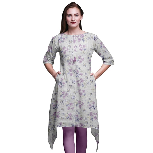 Bimba Kurti Asymétrique à Imprimé Floral Papillon Violet et Pivoine pour Femmes, Robe d'Été Indienne Tunique, XX-Grand