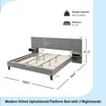 thumbnail image 4 of King Size Platform Bed with Headboard, Modern Velvet Upholstered Platform Bed with 2 Nightstands, with diamond tufted, Grey, 4 of 8