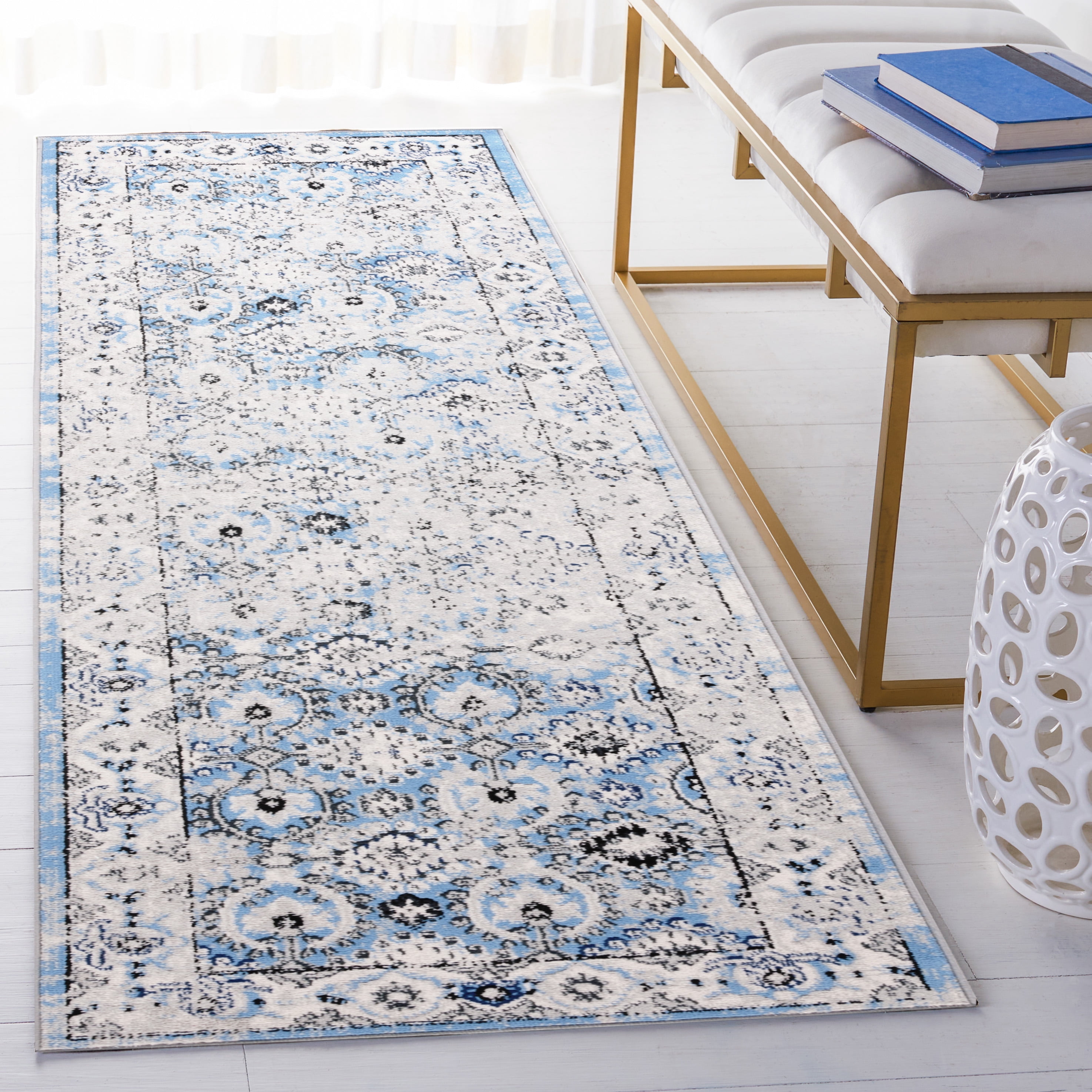SAFAVIEH Odyssey Edmond Damask Runner Rug, Grey/Light Blue, 2'2" x 8'