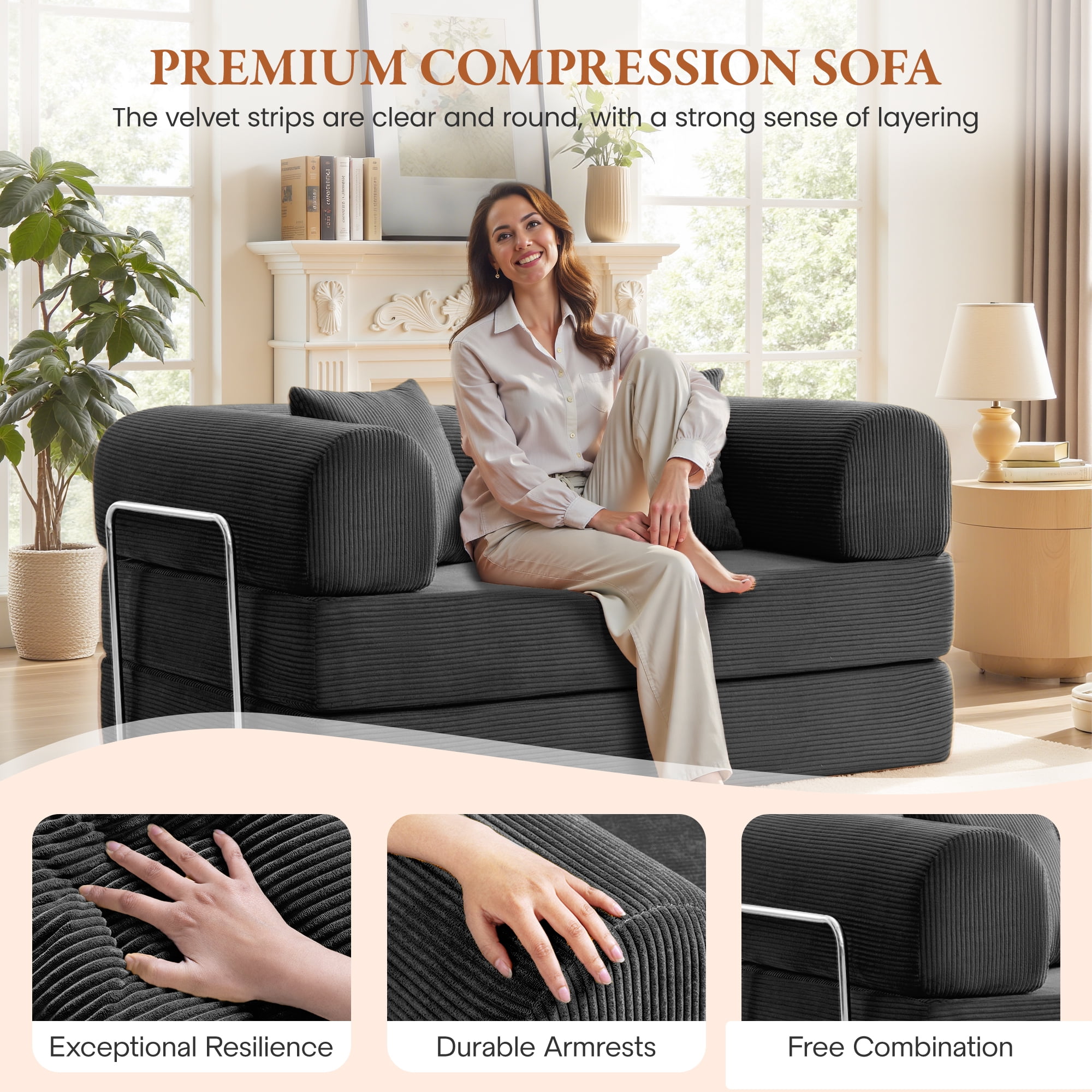 COOLHUT 63" W Combination Sofa, High Rebound Density Foam Sofa Couch, Two Forms Floor Couch Three Seats Sofa Bed for Living Room, Bedroom, Black