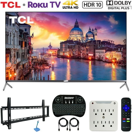 TCL 65R625 65-inch 6-Series 4K UHD HDR Roku Smart TV (2019 Model) Bundle with 37-70-inch Low Profile Wall Mount Kit, Deco Gear Wireless Keyboard and 6-Outlet Surge Adapter with Night (The Best 4k Monitor 2019)