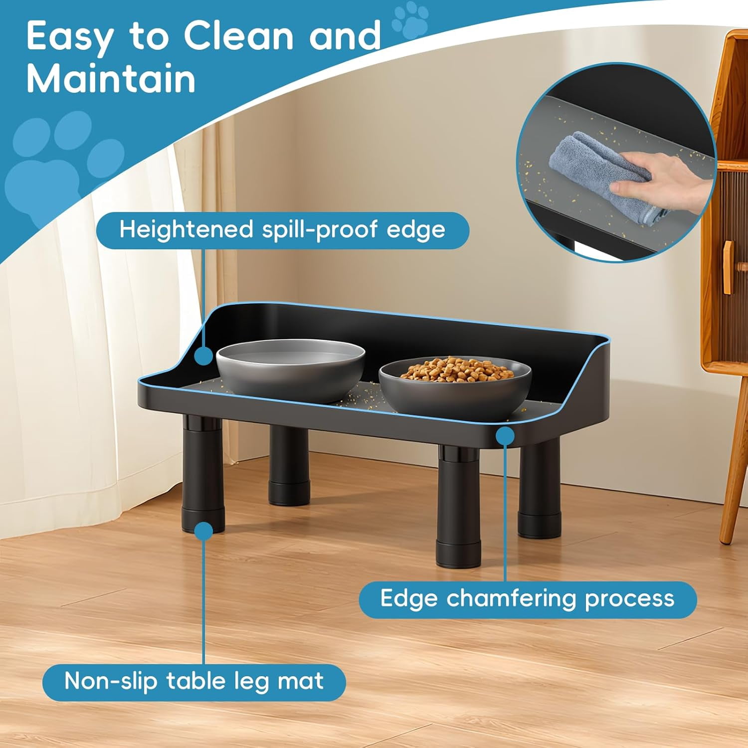 Flymer Elevated Dog Food Bowl Stand - Adjuastable Raised Dog Feeding Station with Splash Gard 16"W Pet Cat Food Table for Large Dogs