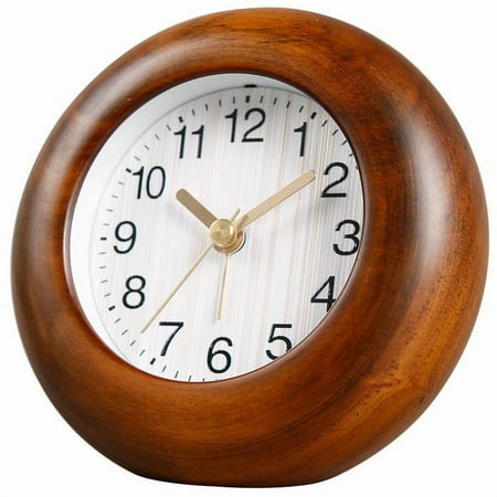 Natural Wood Silent Desk Alarm Clock, Non-Ticking Analog Table Clock for Bedroom, Office, Home Decor