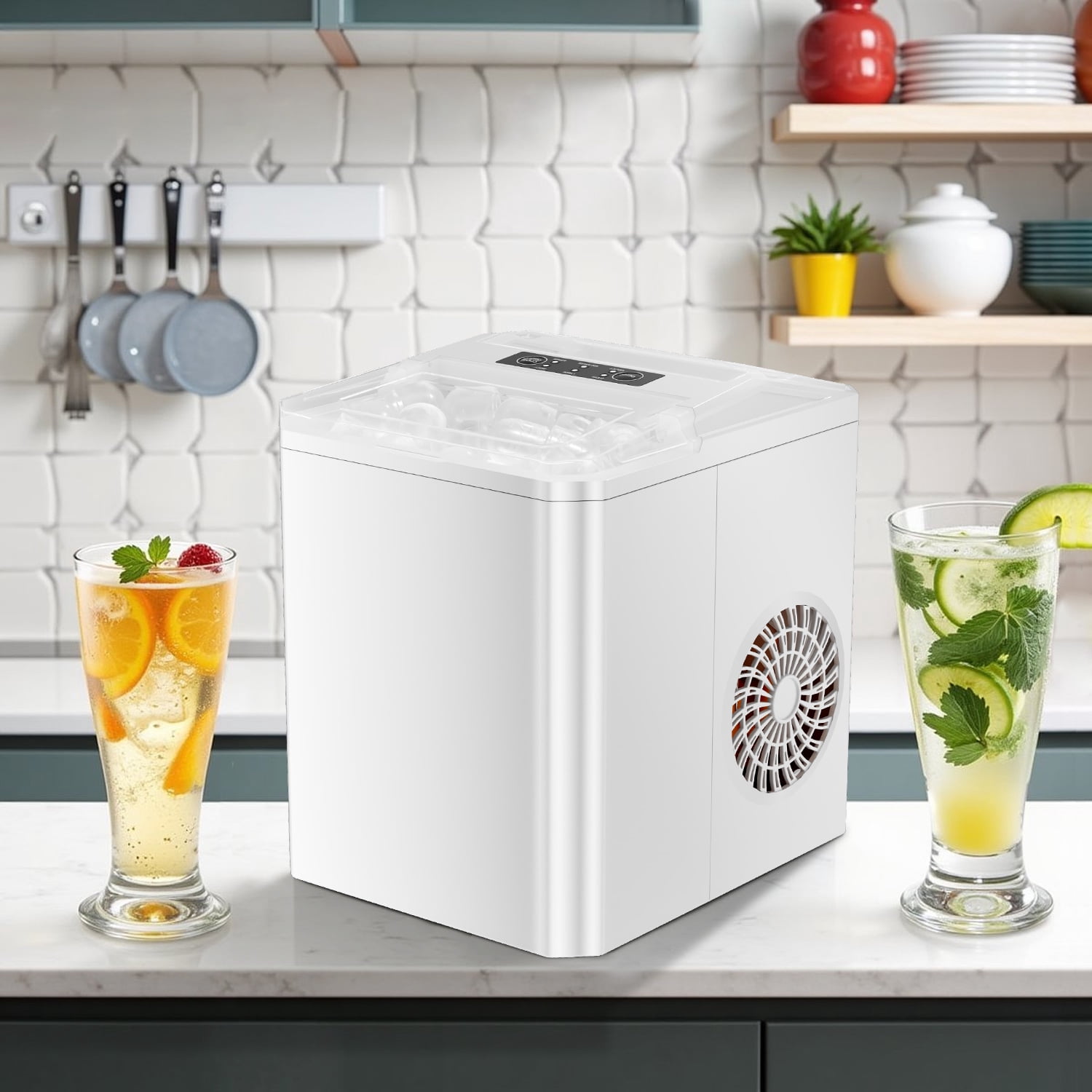 Simenmax Ice Maker, Portable Countertop Icemaker Machine, Self Cleaning Quiet 2 Sizes Bullet Cubes Makers, 9 Cubes in 6 Mins,White