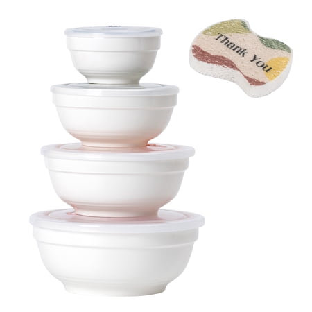 DOWAN 64/42/26/12 Ounce Ceramic Bowls Set of 4 with Lids, Round Serving Bowls with Lids, Food Storage Container, Porcelain Prep Bowl Set, Versatile Bowls for Kitchen, Free Sponge