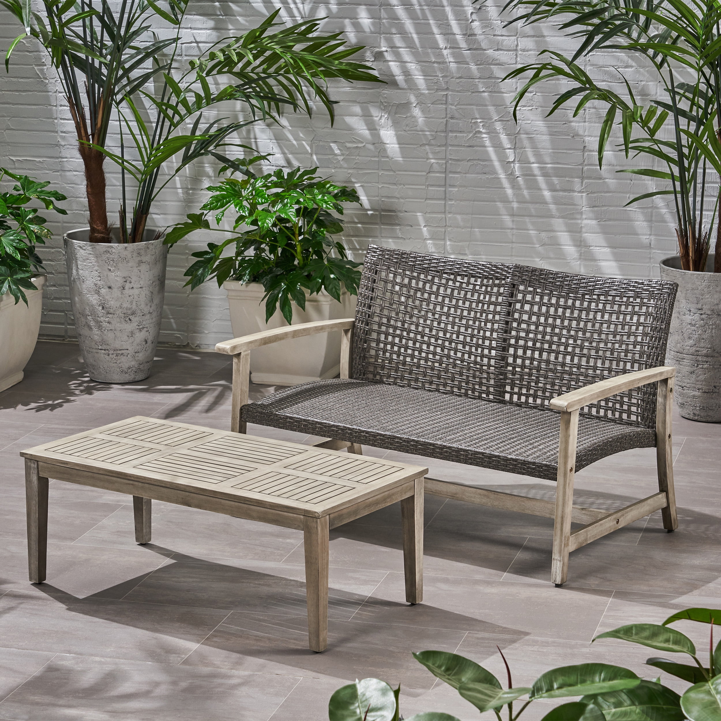 Camdyn Outdoor Wood and Wicker Loveseat and Coffee Table Set, Mixed Black
