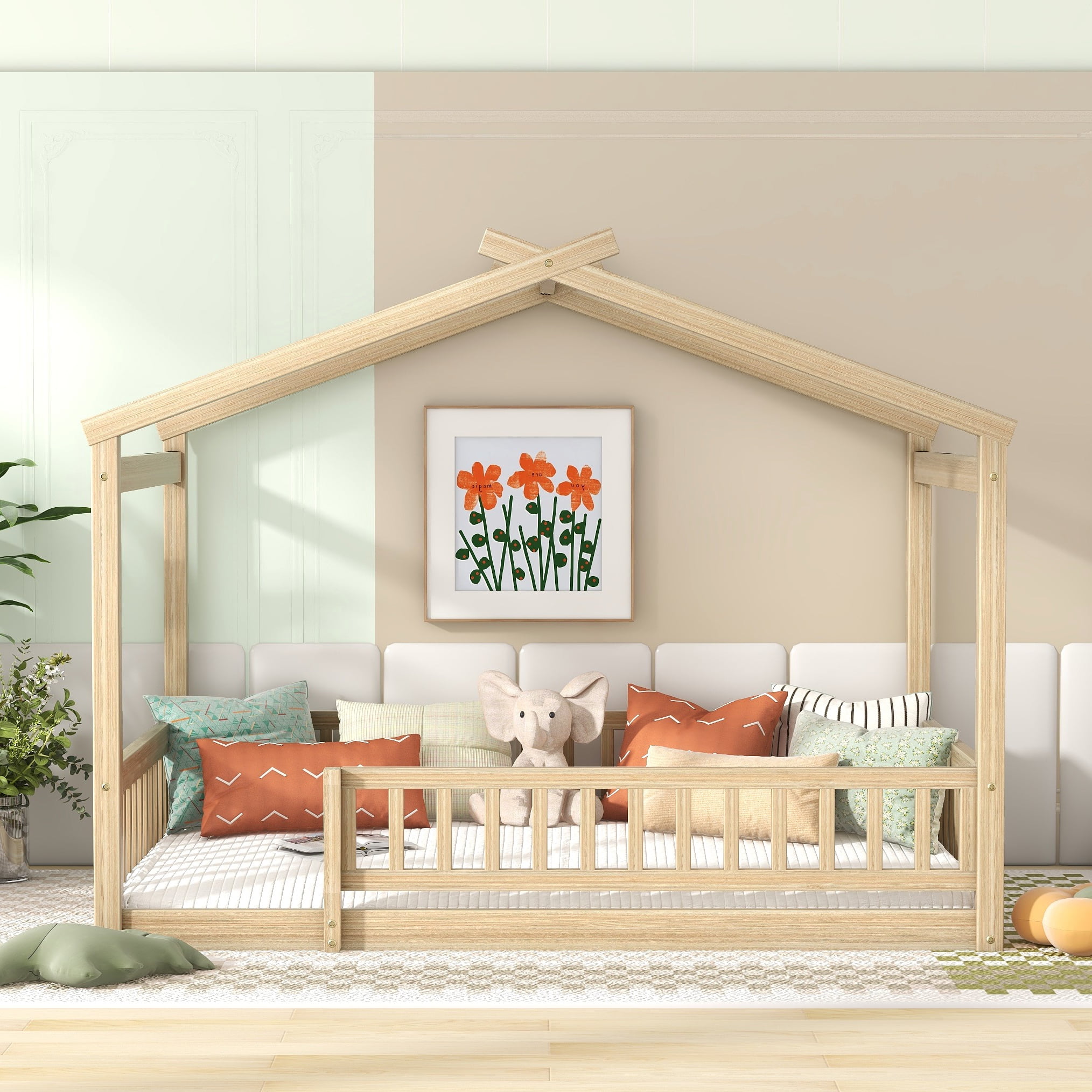 Bellemave Full Size House Floor Bed, Wooden Montessori Full Bed with Fence Railings and Support Slats, No Box Spring Needed (Natural)
