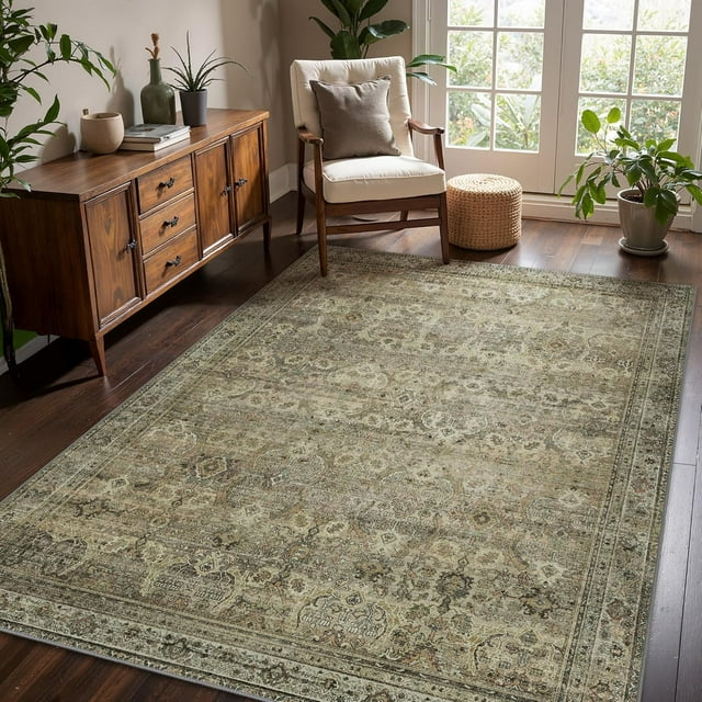 Area Rug x for Living Room Bedroom Dining Room Washable Rugs Vintage Distressed Print Carpet UltraThin Chenille Low Pile Lightweight Rug with Non Slip Backing Sepia