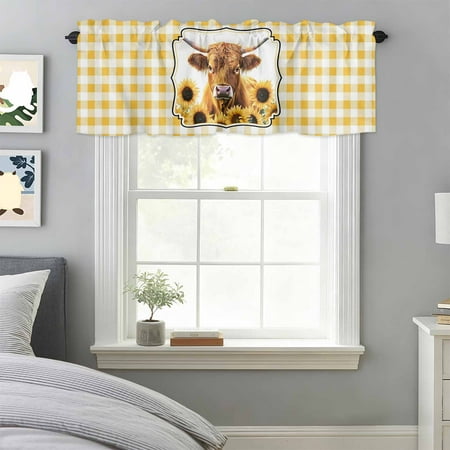 Curtain Valance for Windows Pastoral Farm Cow Sunflowers Kitchen Valances Rod Pocket Short Curtains Yellow White Buffalo Plaid Window Valance for Bedroom Bathroom Living room 42x18in