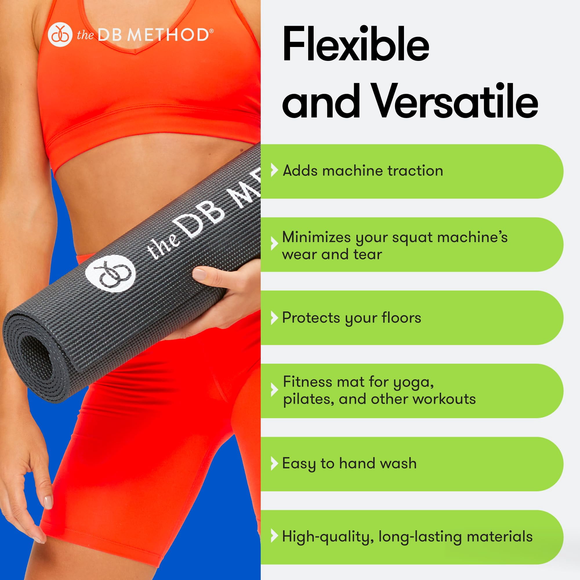 The DB Method Yoga Mat for Home Gym Exercise Equipment Machine Stability, Non Slip Indoor Mat for Pilates, Stretching, Fitness, Bike or Squat Machine Floor Protector Mats, Black