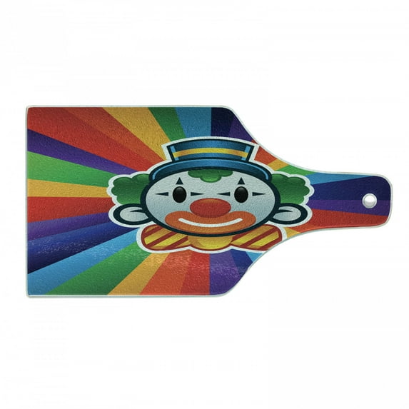 Circus Cutting Board, Single Clown Face with Colorful Sunburst Effect Inspired Stripes on the Back, Decorative Tempered Glass Cutting and Serving Board, in 3 Sizes, by Ambesonne