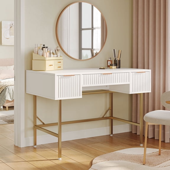 Bestier 47.6" Fluted Vanity Makeup Desk, Big Computer Writing Desk with 3 Drawers, White & Gold