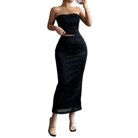 2 Piece Skirt Sets for Women Summer, Sequins Sleeveless Tube Top Bodycon Maxi Skirts Y2k Vacation Outfits Black S