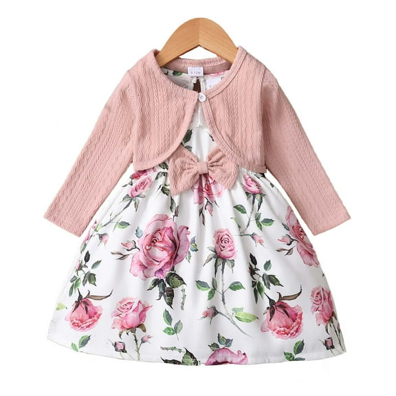 Kucnuzki 2T Toddler Girls Dress Sets 3T Toddler Girls Sleeveless Floral Dress Ruffle Bowknot A-line Dress Long Sleeves Short Coat Top Fall Winter Pink