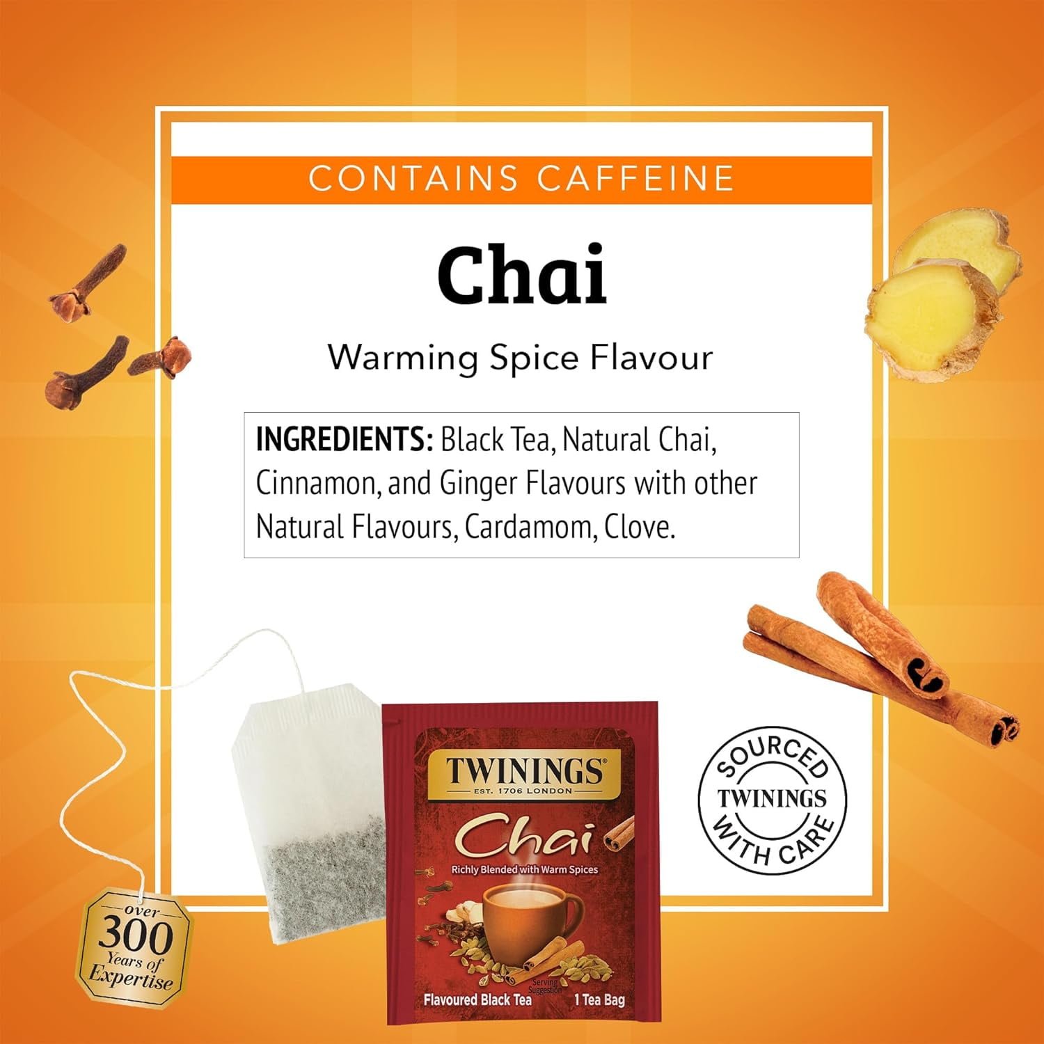 Twinings Chai Tea, Caffeinated Black Tea Naturally Flavored with Aromatic Spices and Ginger, Tea Bags Individually Wrapped, 20 Count Ea (Pack of 6)