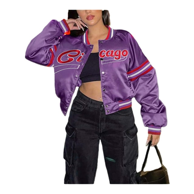 TheFound Womens Crop Baseball Bomber Jacket Long Sleeve Button Vintage Varsity Fall Jackets Coats Y2K Streetwear Purple M