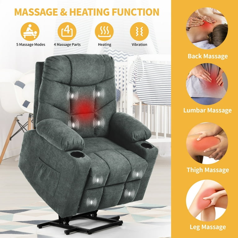 Fabric power recliner with built in heat clearance and massage