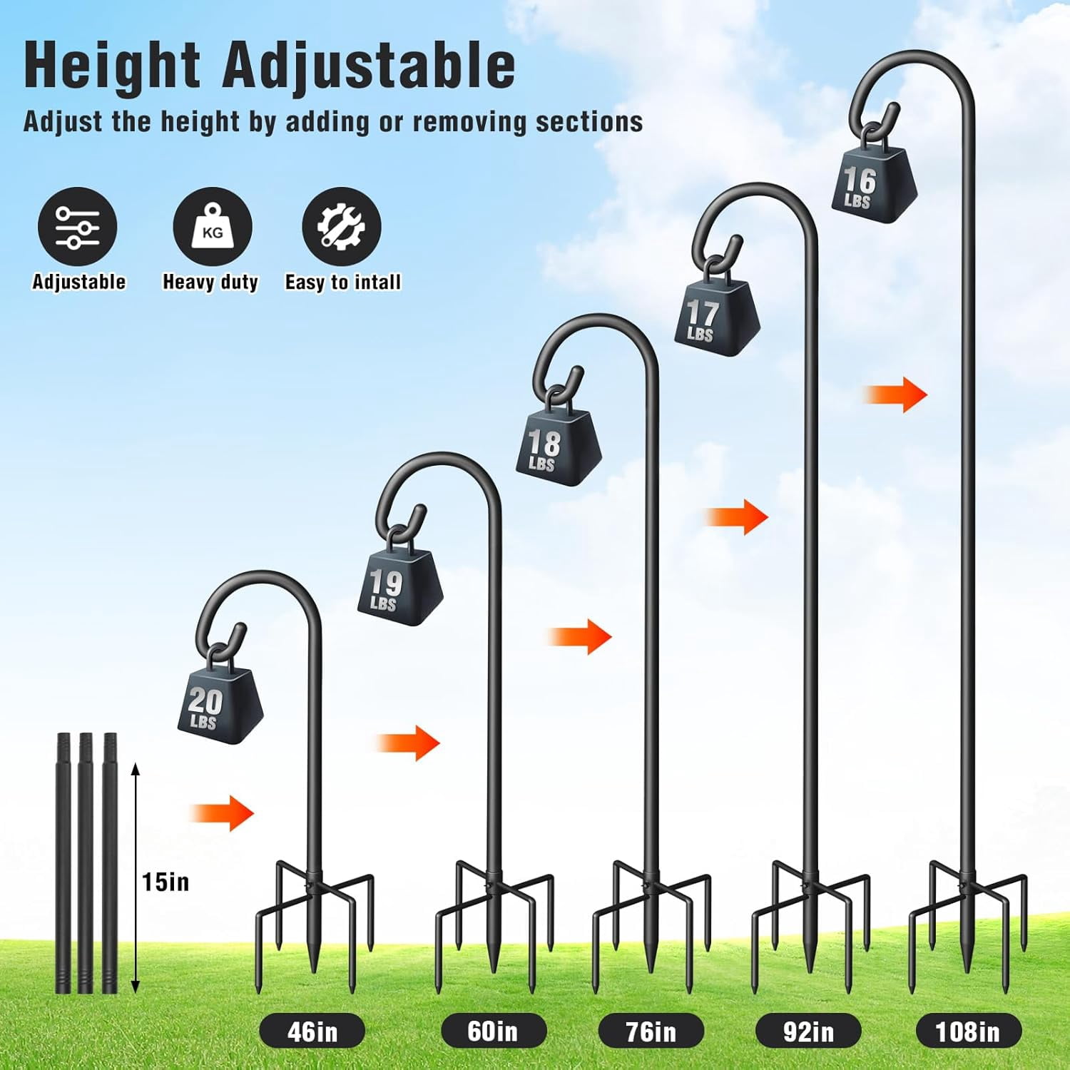Shepherd Hook for Outdoor, Heavy Duty Bird Feeder Pole with 5 Prong Base, Adjustable Height Bird Feeder Stand Ideal for Hanging Bird Feeders, Plant, and Garden Decorations