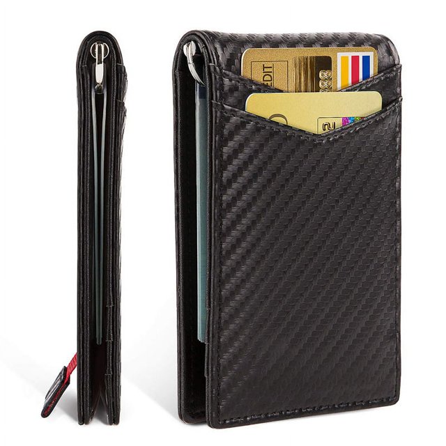 Porta tarjetas de visita de cuero con clip dorado y cepillo antirrobo