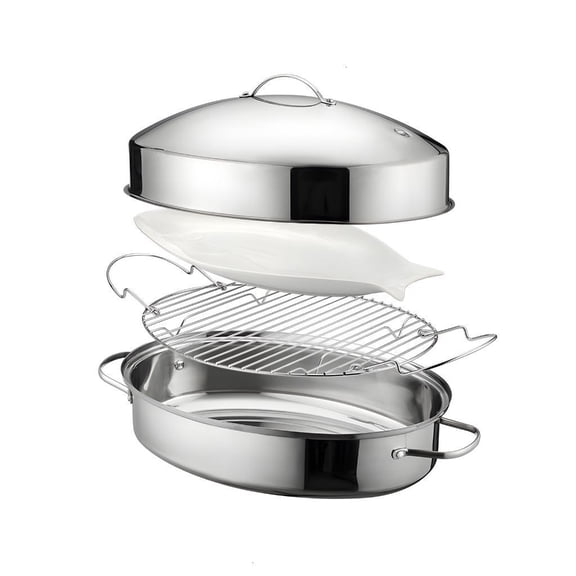 Yammee Stainless Steel Oval Pot Set with Rack Lid for Oven Cooking Turkey Roaster Pan
