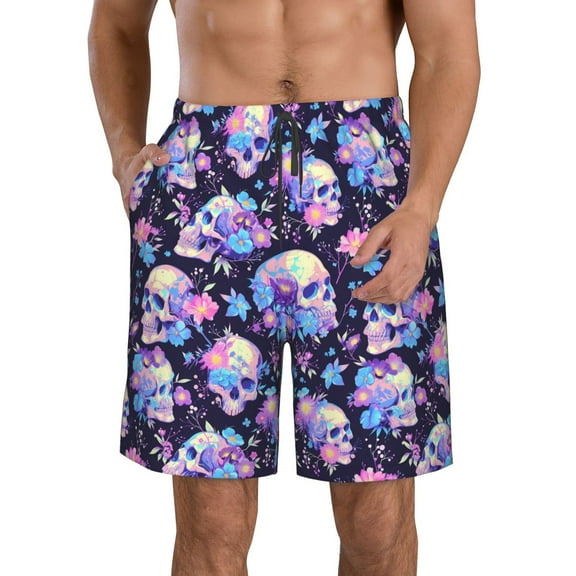 Kdxio cool flower Skull Pattern Mens Casual Shorts - Drawstring Summer Beach Sports Shorts for Men