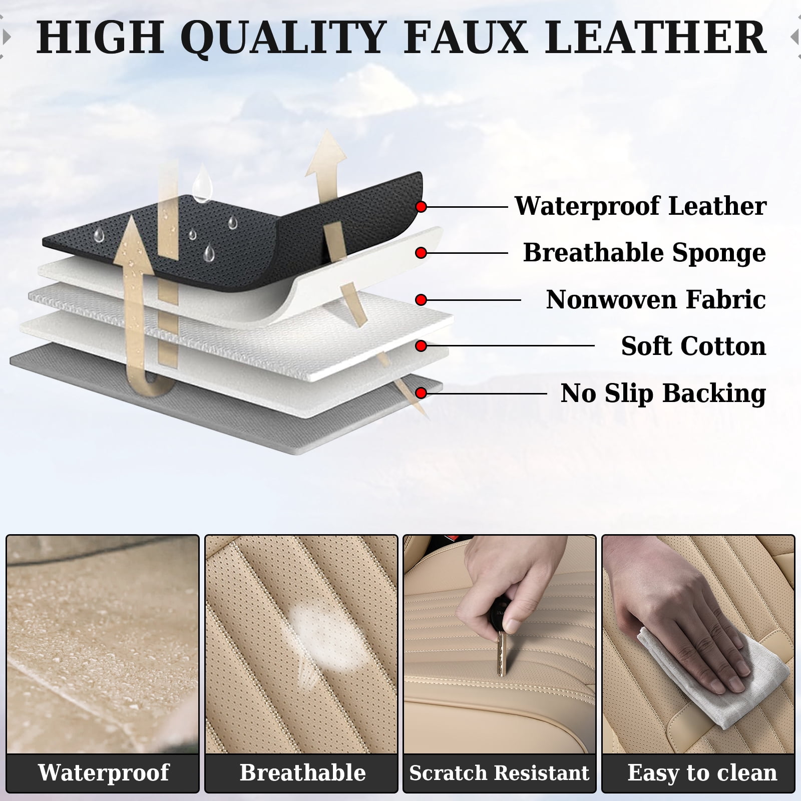 Coverado Car Seat Covers Full Set, Beige Front and Rear Seat Protectors, Waterproof Faux Leather Universal Fit for Most Cars