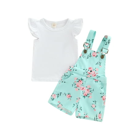 

Canrulo Toddler Baby Girl Outfits Ruffle Sleeve Shirt Top Floral Print Suspender Shorts Overall Jumpsuit 2pcs Set Green 18-24 Months